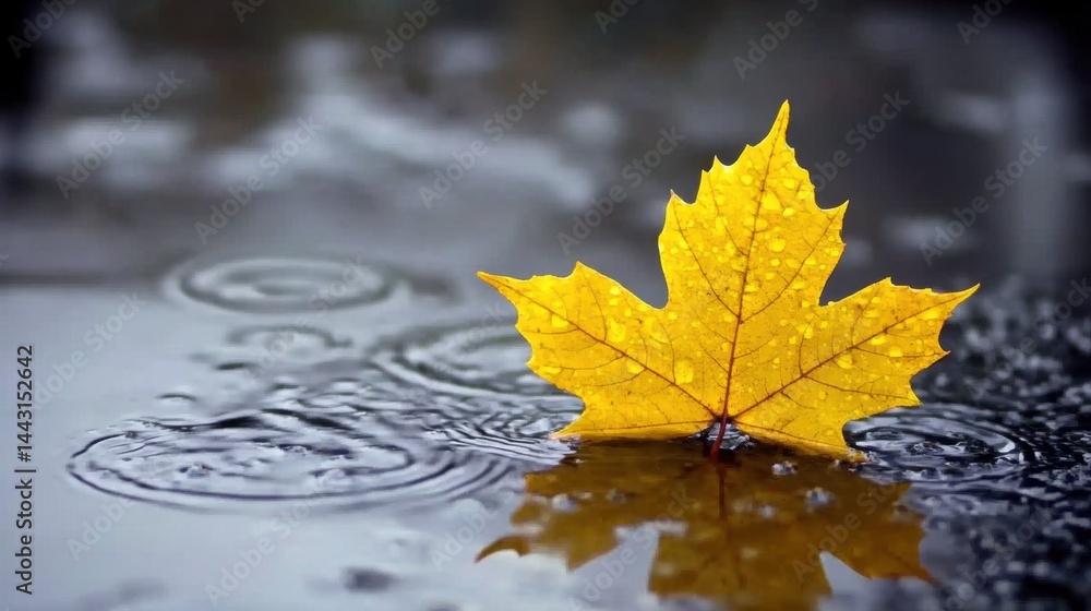 Aufkleber captivating yellow maple leaf resting on rippled water surface after rainfall creating serene autumn