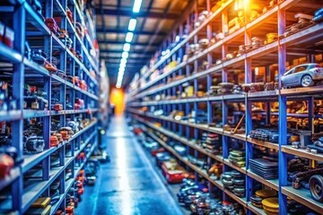 Obraz premium Tilt-Shift Photography: Organized Car Parts on Shelves in Auto Store