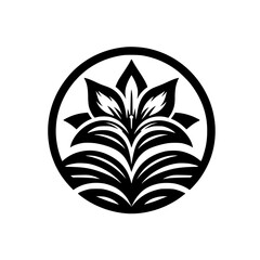Floral Emblem: Minimalist Black and White Design, Circular Decorative Element