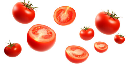 Display of whole and halved tomatoes isolated on transparent background	