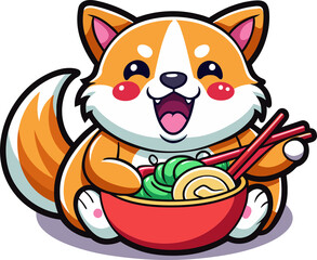 A cute cartoon dog mammal character with an orange tail happily smiles with a bone