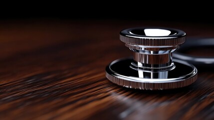 Close-up of a medical stethoscope head on a dark wooden surface
