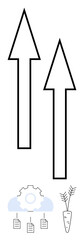 Two bold arrows pointing upward with a cloud, gear with files, and a carrot symbolizing growth, progress, and innovation in cloud technology. Ideal for strategy, success, goal setting, digital