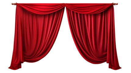 Elegant red curtains draped on a wooden rod isolated on transparent background	