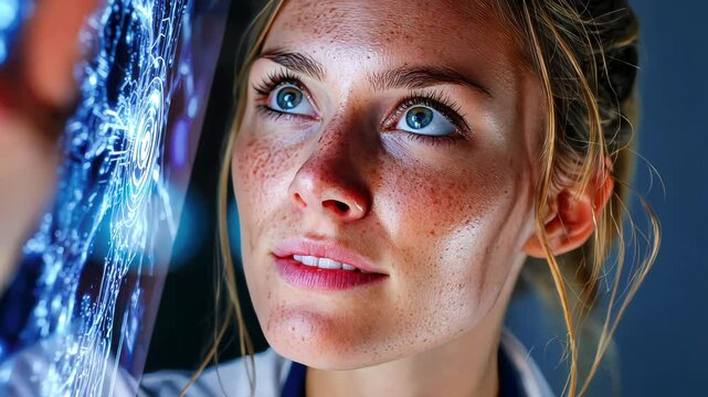 Female scientist interacting with futuristic blue digital neural interface screen