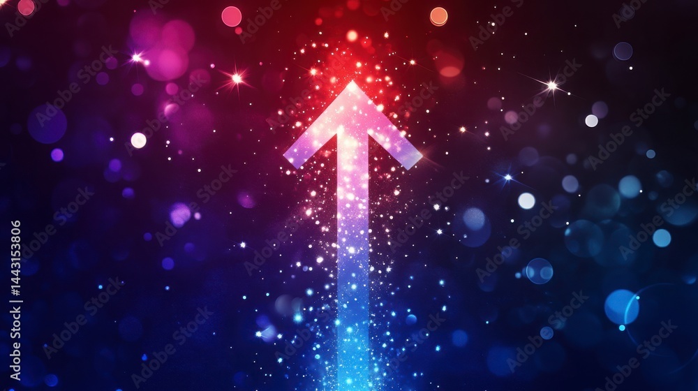 Poster glowing upward arrow with colorful sparkles on a dark background