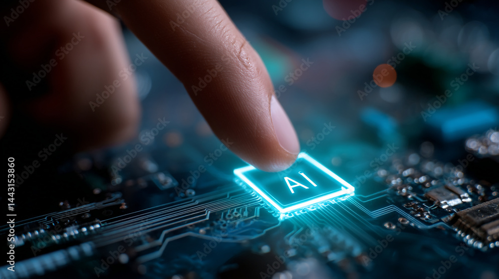 Poster closeup of a finger activating artificial intelligence ai on a futuristic circuit board technology d