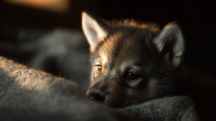 Adorable baby wolf resting gently in soft light.