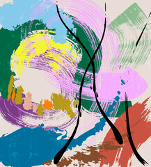 abstract colorful background, illustration with lines, waves, circle, paint strokes and splashes