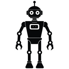 Black silhouette animation style a cute robot white background, retro-style robot illustrations with square heads and mechanical limbs, black and white vector graphics, toy robot silhouette vector art