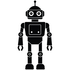 Black silhouette animation style a cute robot white background, retro-style robot illustrations with square heads and mechanical limbs, black and white vector graphics, toy robot silhouette vector art