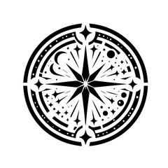 Geometric Celestial Compass: Black & White Icon Design