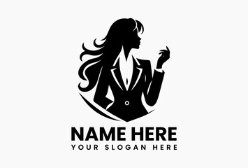 Professional female business logo design, vector woman icon in minimal silhouette style isolated on white background for executive branding 