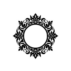 Elegant Black Floral Round Frame on White, Decorative Design