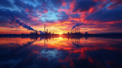 Vibrant Sunset Over Industrial Waterfront Reflections