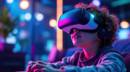 A young person immersed in a virtual reality experience, wearing VR goggles and headphones, in a vibrant, colorful environment.