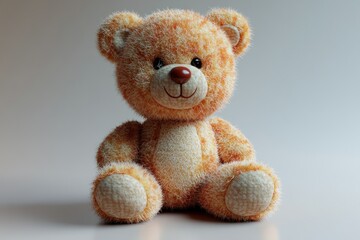 Obraz premium Smiling teddy bear seated on a light background, studio shot