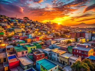 Naklejka premium Vibrant African Cityscape: Sunlit Buildings and Bustling Streets