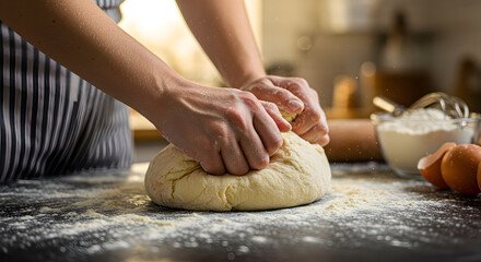 Woman Kneading Dough on a Floured Surface with Eggs and Rolling Pin with Natural Lighting Indoors
