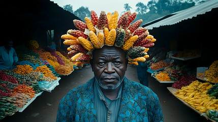 Man in colorful corn headdress at local market