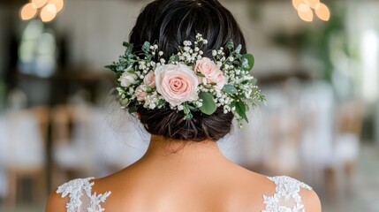 Bridal hairstyle with flowers, wedding reception background, beauty, elegance