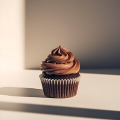 Single chocolate cupcake with swirled frosting