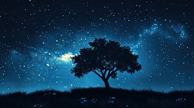 Milky Way galaxy in a starry night sky with a tree silhouette, captured in a beautiful digital scene  - Powered by Adobe