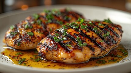 Two grilled chicken breasts with herbs and sauce on a plate.