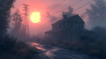 Misty sunrise over abandoned farmhouse