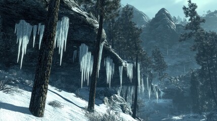 Frozen mountainside with icicles