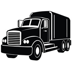 Truck, silhouette of delivery box truck from front and side, Silhouette of logging truck illustration logo vector, Semi truck silhouette front view black and white vector art in white background.Truck
