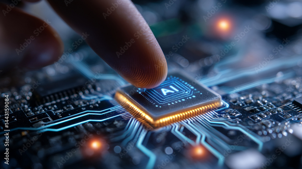 Poster closeup of a finger touching a futuristic ai microchip on a circuit board with glowing blue lines da