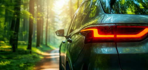 closeup of electric car tail light driving on a sunny forest road. sustainable transportation, green energy. banner with copy spacce