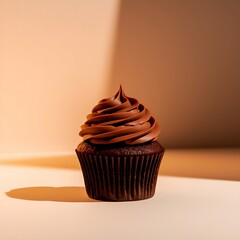 Single chocolate cupcake with swirled frosting