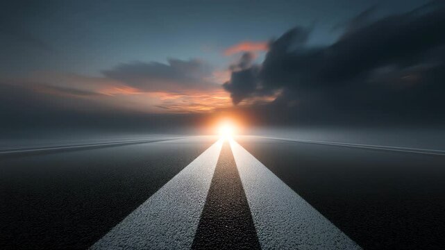 A serene road leading towards a radiant sunset, framed by dramatic clouds.