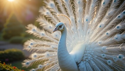 Fototapeta premium White Peacock Displaying Feathers in Garden with Sunlight