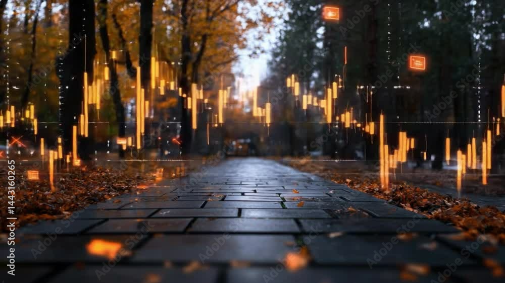 Poster digital data visualization in urban setting with autumn trees and colorful graphical elements reflec