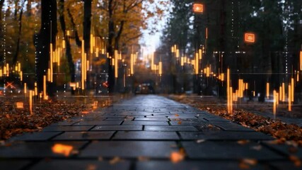 Digital data visualization in urban setting with autumn trees and colorful graphical elements reflecting market trends - Powered by Adobe