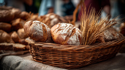 Delicious freshly baked artisan bread loaves in rustic wooden basket with wheat loaf food life oven meal 