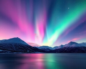 Spectacular aurora borealis over a remote mountain range, the wilderness glowing under colorful skies
