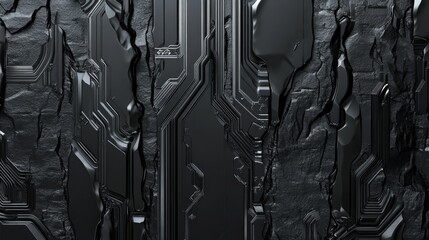 Abstract close-up of a textured black surface resembling cracked circuitry with shadows