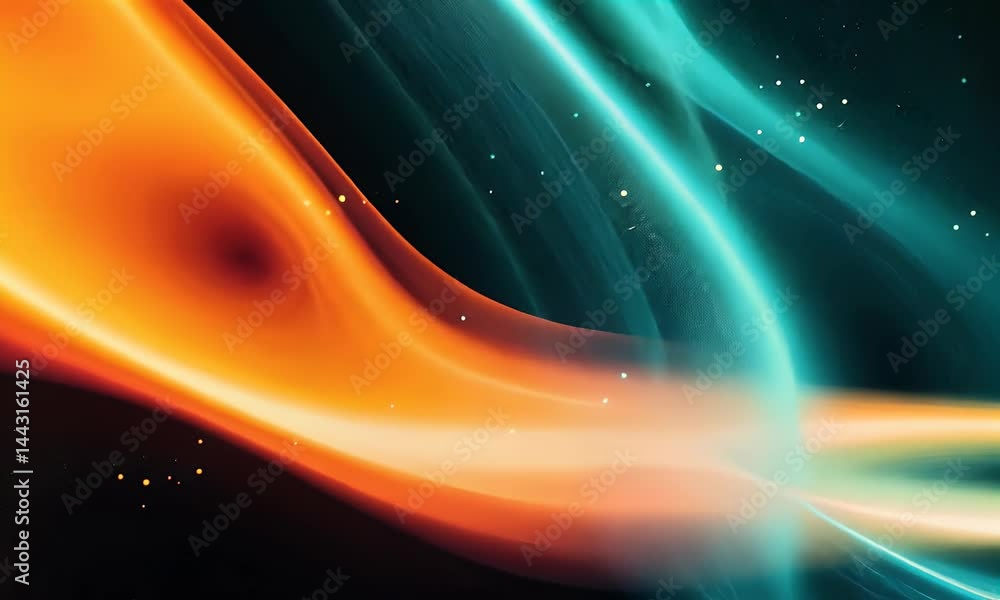 Poster a graphic of an abstract wave shape with soft gradients in teal and orange, set against a black back