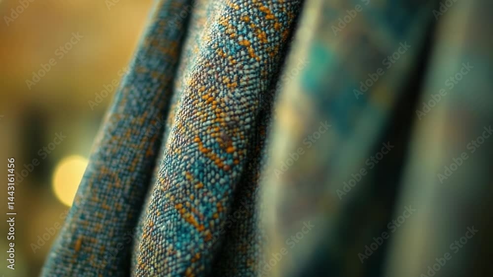 Poster a detailed view of a colorful scarf with blue and orange patterns.