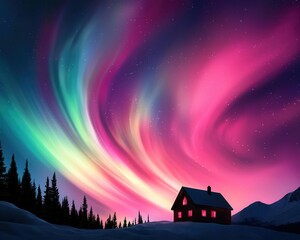 Remote cabin in the wilderness under a spectacular aurora borealis, sky bursting with neon colors