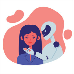 Fototapeta premium Vector illustration of a robot applying cream to a woman's face. AI technology. Robot beautician. Skin care. Technologies of the future.