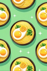 Cute Bowl of Noodle Soup with Egg and Green Onion on Colorful Background