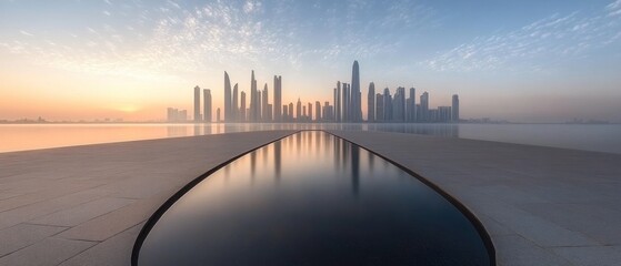 City skyline reflected in water at sunrise.  Coastal landscape, peaceful dawn