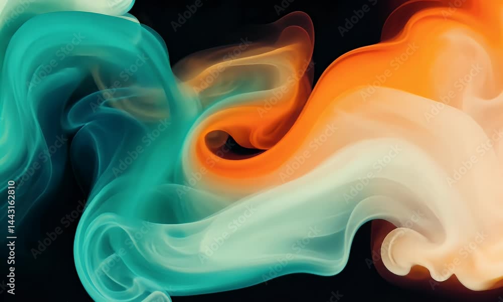 Poster a graphic of an abstract wave shape with soft gradients in teal and orange, set against a black back