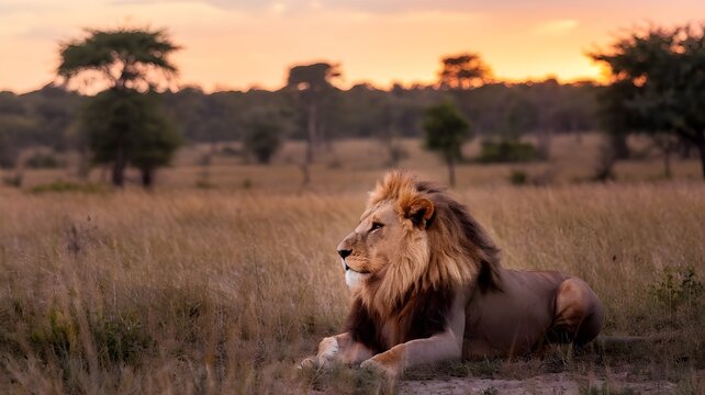 A magnificent lion basking in the warm glow of the sunset, surveying its domain. The majestic creature exudes power and tranquility amidst the savanna landscape