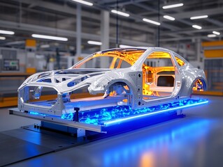 Obraz premium Robotic welding machine assembling car frame automotive factory industrial process high-tech environment close-up view automation concept